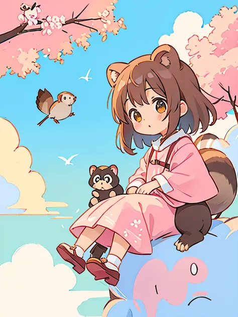 Momoko Sakura style, Kawaii Design, The most beautiful girl of all time、Chibi、(((sitting on the Clouds)))、Lots of animals, monkey, Raccoon、pig、squirrel、birdie