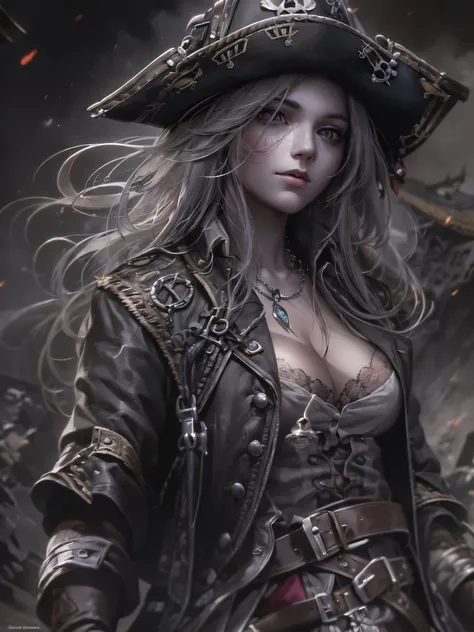 ((highest quality)),(Ultra-high resolution),(Very detailed),(Detailed Description),((The best CG)),(A masterpiece),Ultra-detailed art,Amazing drawing art,(Fantasy art with intricate detail:1.5), (Female pirate:1.5). Skull Flag