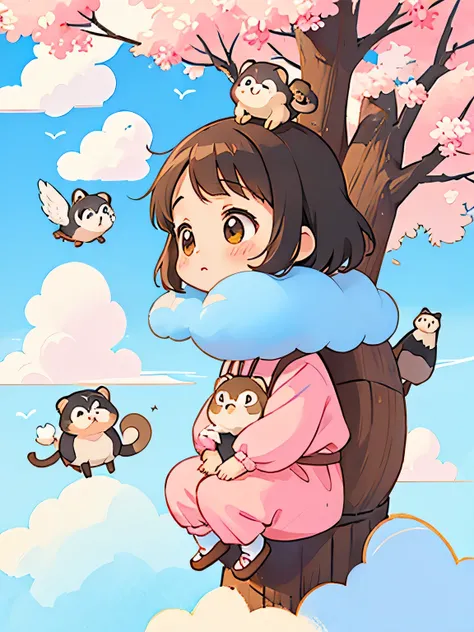 Momoko Sakura style, Kawaii Design, The most beautiful girl of all time、Chibi、(((sitting on the Clouds)))、Lots of animals, monkey, Raccoon、pig、birdie