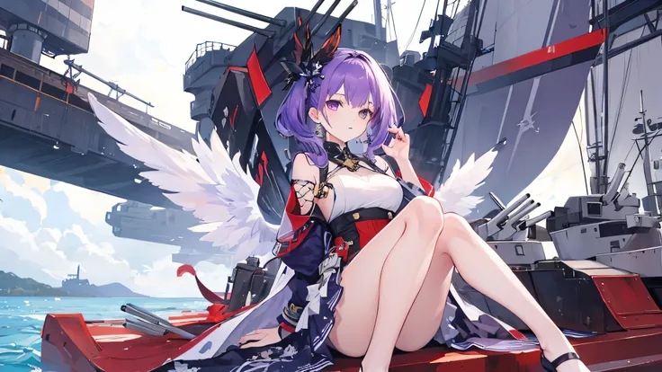 ((highest quality)), ((masterpiece)), (detailed),(Perfect Face),Azur Lane,Javelin,Purple Hair,long hair,Sitting,Wings on one side,maritime,far away