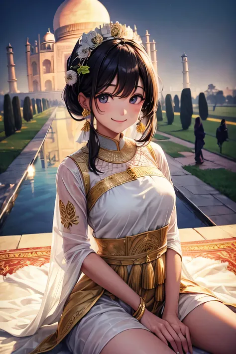 Hollow eyes、smile、India、Background Taj Mahal、National costume、