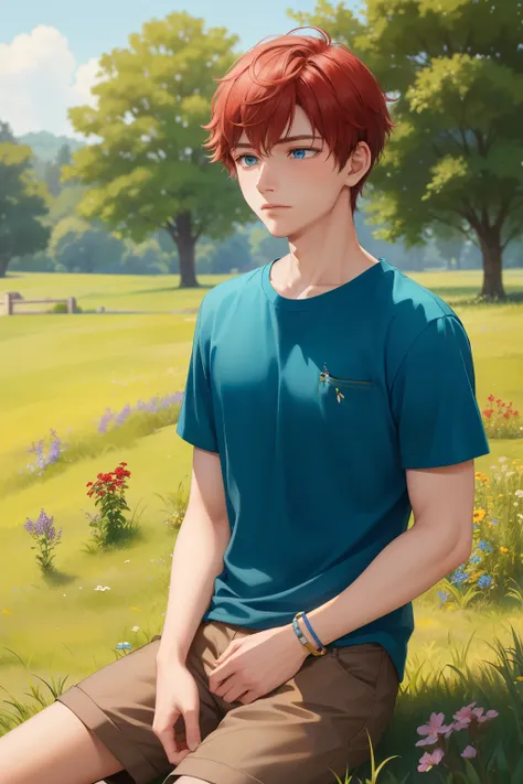 A teenage boy with red short hair and deep blue eyes, dressed in casual attire, stands in the serene meadow. The sun casts a warm golden light upon his features, bringing out the intricate details of his facial structure. His eyes, as deep as the night sky...