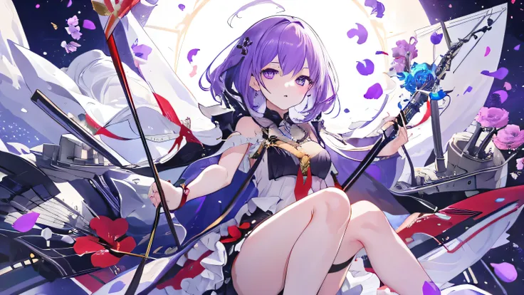 ((highest quality)), ((masterpiece)), (detailed), Perfect FaceAzur Lane,Javelin,Purple Hair,god,Purple petals,whole body