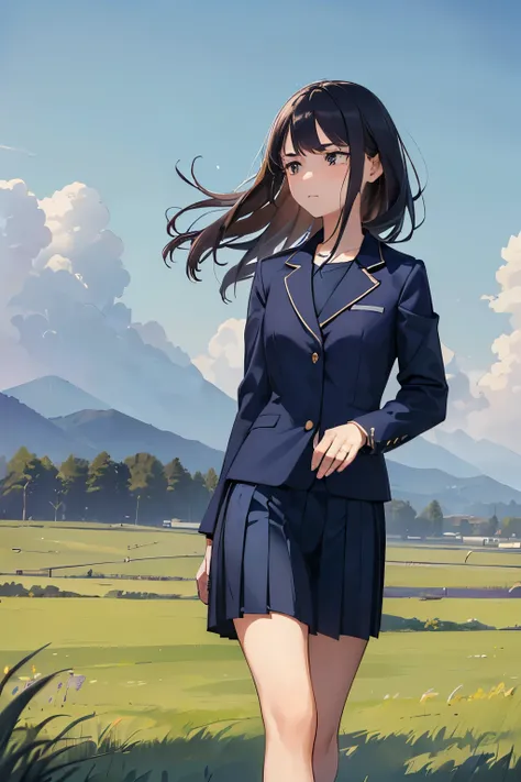 ((best quality)), ((masterpiece)), ((detailed)), (((perfect face))), (((16yo girl in navy blue suit, pleated skirt))), (((sad))), (((grass field))), (((walking))), (((looking away)))