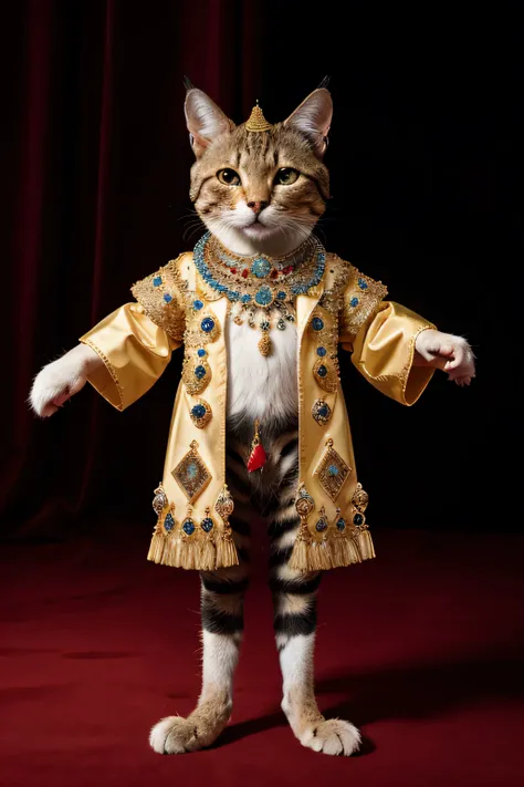 The kings cat with lot of jewels is standing 