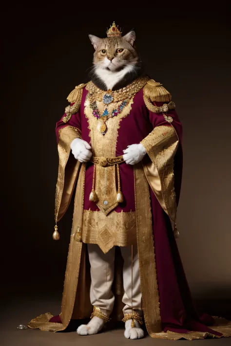 The kings cat with lot of jewels is standing 