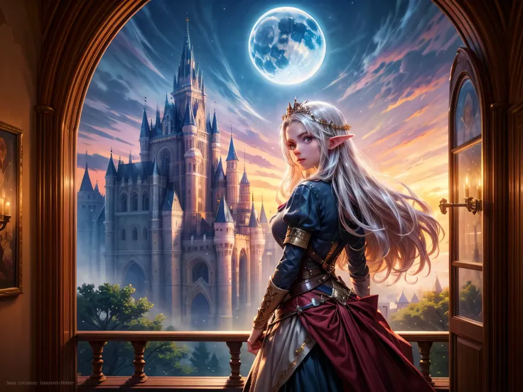 fantasy art, rpg art, a princess looking through her window at a magical castle, a beautiful elven princess looking through her ...