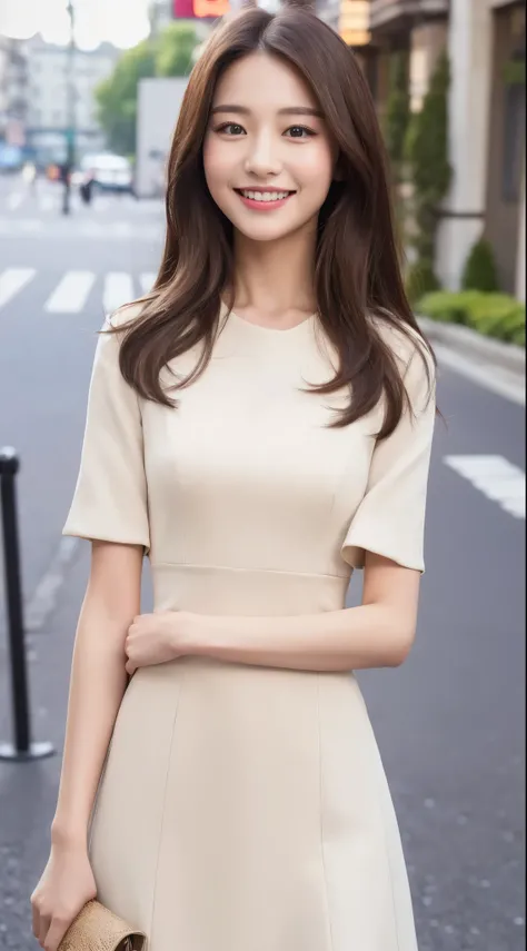 ((Best quality, 8k, Masterpiece :1.3)), 1girl, smiling, full body, slim face, Pretty woman, (Dark brown hair), full length dress :1.1, Ultra-detailed face, Detailed eyes, Double eyelid,  blur background, slim face, city, outside, street,