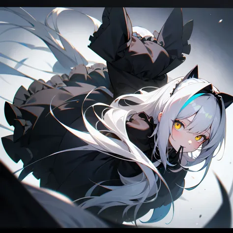 White hair, not too long hair, black ribbons on either side of her hair, blue-on-yellow gradient eyes, cat-like mouth, black gothic-lolita style clothing, 