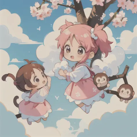 Momoko Sakura style, Kawaii Design, Chibi, (((on the Clouds))), monkeys, monkey Forest