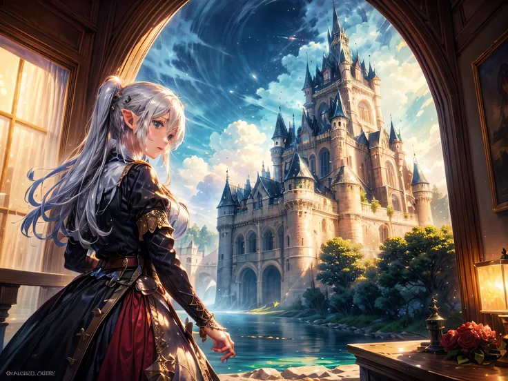 fantasy art, rpg art, a princess looking through her window at a magical castle, a beautiful elven princess looking through her ...