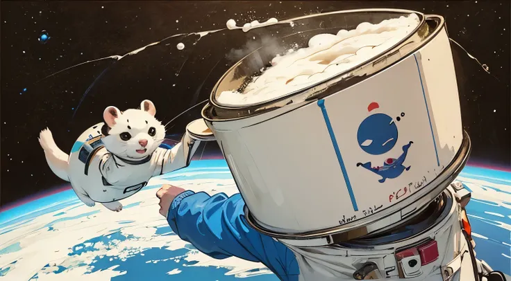 high quality cartoonish, a charming astronaut ferret animal floats in outerspace holding a big mug of foam topped beer, funny and mystical