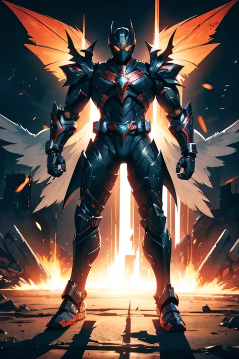 1 kamen rider, armor, mechanical, male, full armor, ((demonic wings)), holding flamberge, superhero, muscular, heavy metal, mechanical marvel, guardian, ((black armor)), dark hero, anti hero, violent, bloody, full body, absurdres, high resolution, ultrasha...