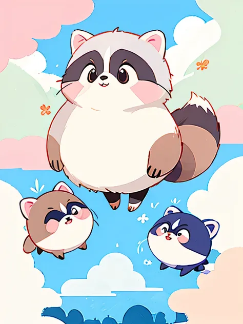 Momoko Sakura style, Kawaii Design, Chibi, (((on the Clouds))), Raccoons, Raccoon Forest