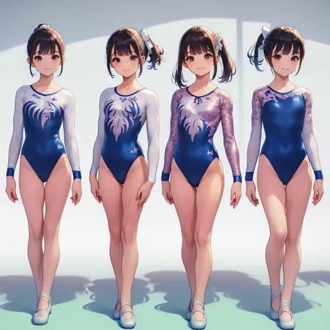 (masterpiece, best quality:1.2),gymnastics club,(3 girls:1.3),(long sleeves leotard:1.3),(brocade pattern leotard:1.3),(white le...