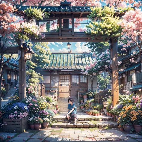 (best quality,4k,highres,masterpiece:1.2),ultra-detailed,anime style,colorful,soft lighting,small anime boy sitting on the step,bright brown hair,peaceful garden background,flower petals floating in the air,light breeze rustling through the trees,gentle su...