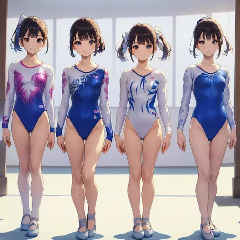 gymnastics club,(3 girls:1.3),(long sleeves leotard:1.3),(brocade pattern leotard:1.3),(white leotard),full body, pony tail, blu...