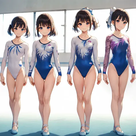 gymnastics club,(3 girls:1.3),(long sleeves leotard:1.3),(brocade pattern leotard:1.3),(white leotard),full body, pony tail, blu...