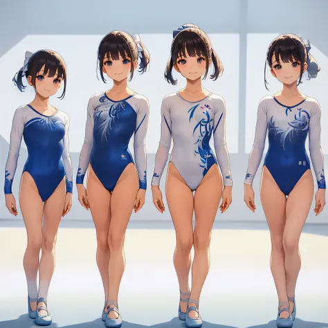 gymnastics club,(3 girls:1.3),(long sleeves leotard:1.3),(brocade pattern leotard:1.3),(white leotard),full body, pony tail, blu...