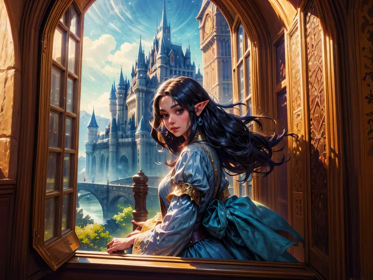 fantasy art, RPG art, a princess looking through her window at a magical castle, a beautiful elven princess looking through her window to see a magical castle, an impressive best detailed castle, with towers, bridges, a moat, standing on top of a mountain,...