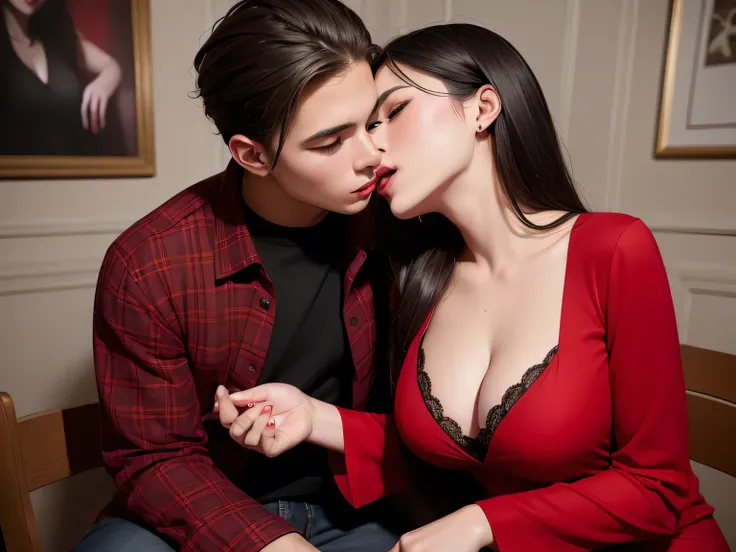 Amazing portrait of a young and sexy woman wearing a red dress sitting on lap of young man wearing a red and black flannel shirt and jeans who is sitting on a chair while kissing and making out passionately surrounded by dim lighting and theyre sexy and ho...