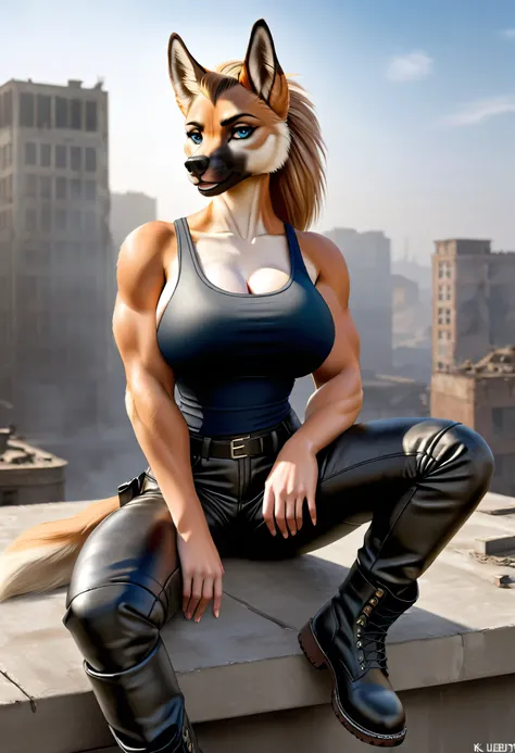 4k highly detailed realistic digital extremely high quality drawing, masterpiece, (by keeltheequine), (uploaded on e621), (a full-body portrait of an anthro dog girl), ((sitting on the roof of a building in a post-apocalyptic wasteland)), ((wearing a tankt...