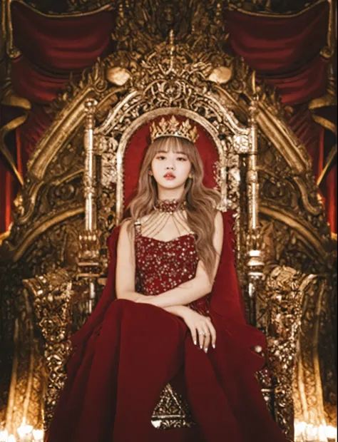 araffe - a - girl - in - a - red - dress - sitting - on - a - throne - with - a - crown - crown -, lalisa manobal, lalisa manoban of blackpink, sitting in a gilded throne, in a throne room, on her throne, sitting on an ornate throne, sitting on her throne