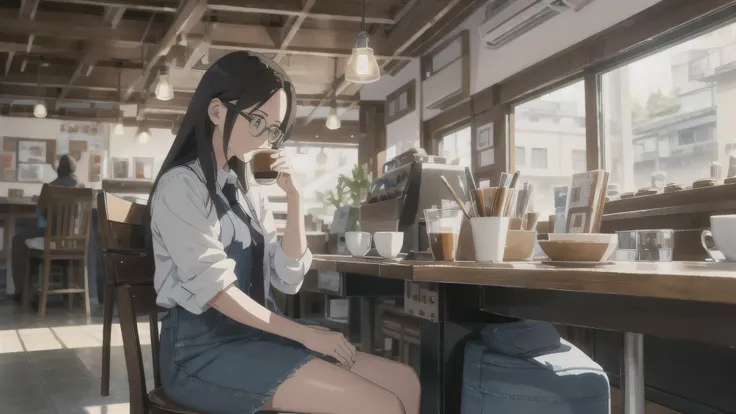 Ghibli, anime,Cafe, Denim with a dress shirt and tie, Sitting on a chair drinking coffee alone,,A 20-year-old girl with a kind face wearing glasses happily listening to music while drinking coffee,Long Hair,high resolution,,