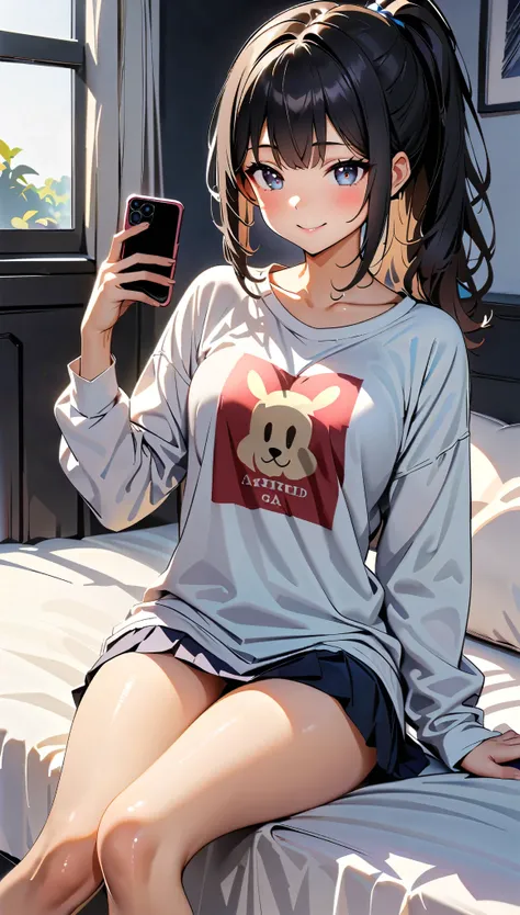 (high quality, 8k, 4K, High Contrast, masterpiece:1.2, 最high quality, Best aesthetics), ((1 female)), Black Hair, ponytail, Long sleeve T-shirt, T-shirt with illustrations printed on it, Beautiful thighs, Sitting on the bed, Addicted to smartphone screens,...