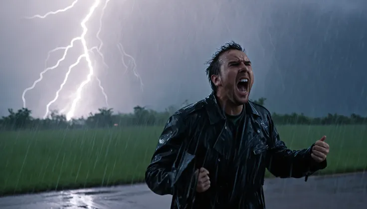 a man screaming in the rain while lightning strikes