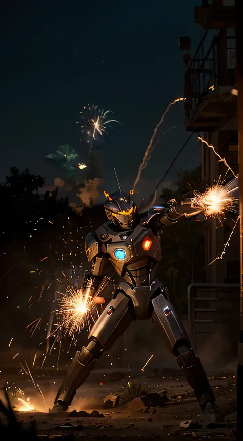 A photo of an evil robot and a leopard robot fighting until it makes a big explosion and there are lots of sparks and lots of people are thrown because of it