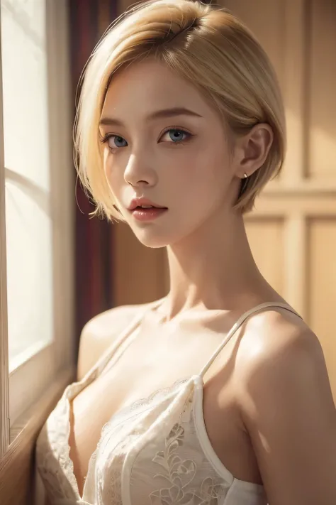 1 woman, tier harribel, short blonde hair with sidebangs, ((detailed eyes:1.2)), sexy, sensual, sleeveless, sideboob, masterpiece, top quality, best quality, official art, beautiful and aesthetic:1.2), extreme detailed, colorful, highest detailed