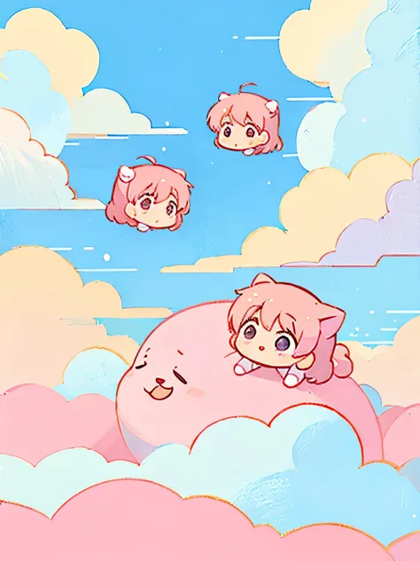 Momoko Sakura style, Kawaii Design, Chibi, (((on the Clouds))), Lots of little people, Dwarf Forest