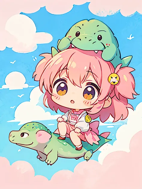 Momoko Sakura style, Kawaii Design, Chibi, (((on the Clouds))), Lots of dinosaurs, Dinosaur Village