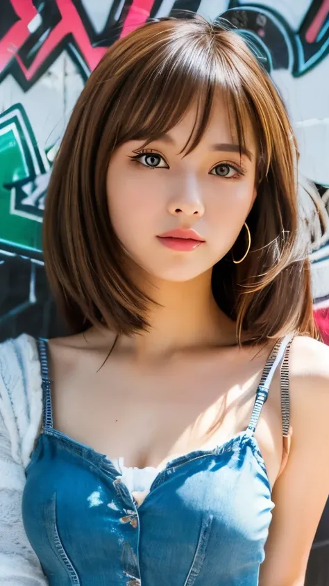 Best quality, 8k,  ,Masterpiece :1.3)), facing viewer,((full body1.2)) ,pretty woman, wide shot ,1girl, , selfie   , ,  Graffiti Wall, brown hair  , bangs,ultra-detailed face, highly detailed lips, detailed eyes, double eyelid