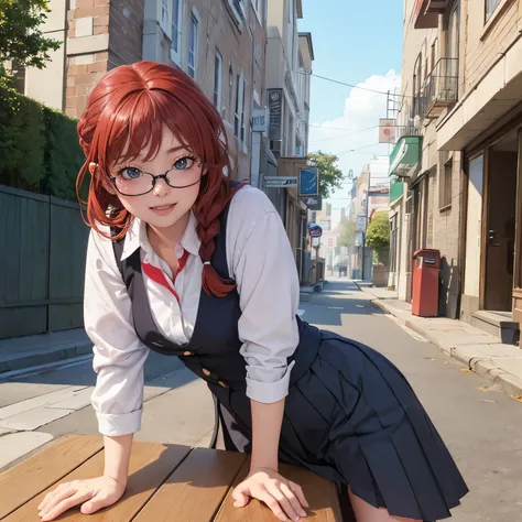 (depicting a single moment from a anime for adults), ((pubic hair, clitoris, braid, red hair, glasses, pleated skirt, worker clothes, (round face), eyes with realistic sizing, drooping eyes, blush, shame smile)), ((standing and straddling to (hit her crotc...