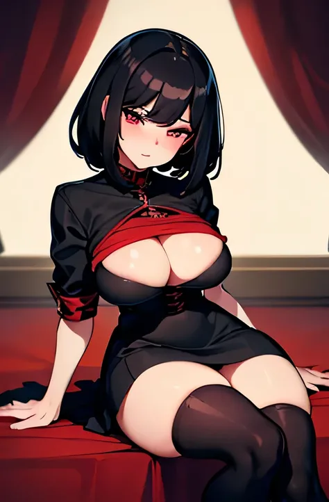 1 chica, black hair, Corte de pelo corto, red details, black dress, sitted ojos rojos, solo, busty, black skirt, ((Obra maestra)), detailed lightning, sexy look, red eyes, parted lips, high thigh socks, blush, beautyful woman