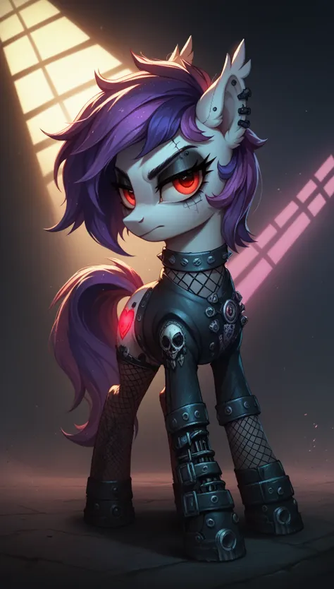 score_9,score_8_up,score_7_up,score_6_up, Gothic pony, cybergoth fashion, glowing backlight, club scene, glitter, whimsical, enchanted, magical, fantasy art concept, intricate details,