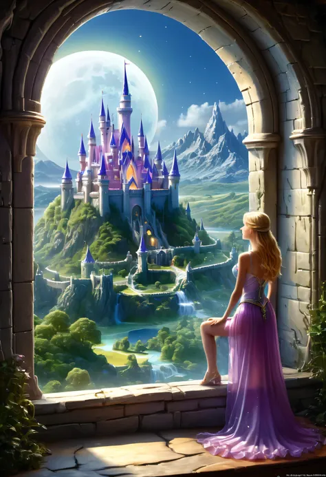 fantasy art, rpg art, a princess looking through her window at a magical castle, a beautiful elven princess looking through her ...