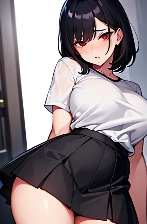 1girl, black skirt, busty, white t-shirt, beautyful woman, sexy, black hair, short haircut, blush, arm down, sexy look, parted lips, red eyes, epic lightning, detailed lightning, detailed background, bedroom