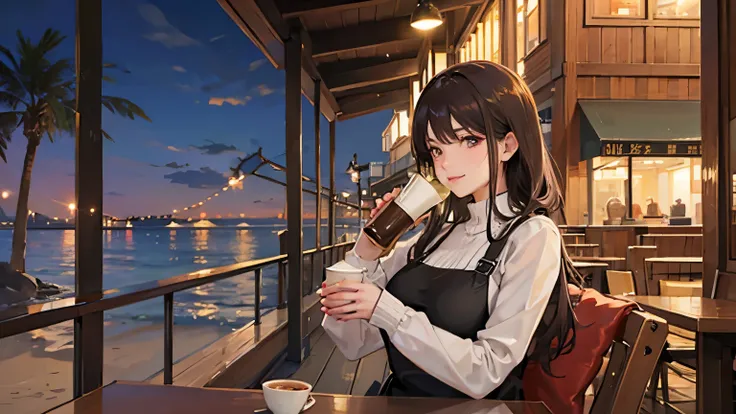 A warm and cozy cafe　Woman drinking coffee　Relaxing　Outside, the sparkling beach