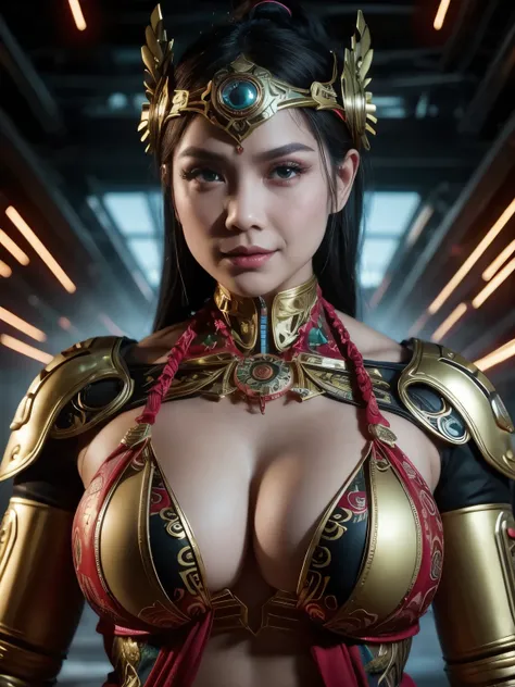 woman big breasts bikini an indonesian-styled futuristic suit worn by a girl depicting cultural fusion and bikini bra out modern...