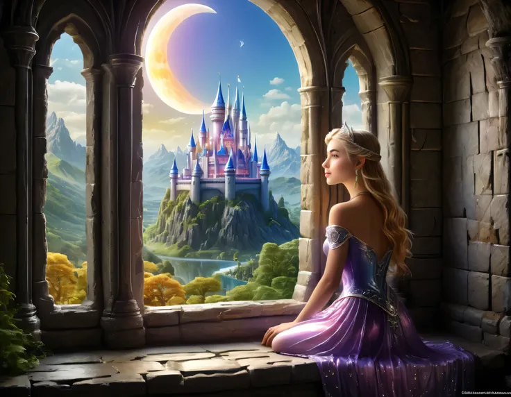 fantasy art, RPG art, a portrait picture of a beautiful human  princess looking through her window at a magical castle, a beautiful elven princess looking through her window to see a magical castle, an impressive best detailed castle, with towers, bridges,...