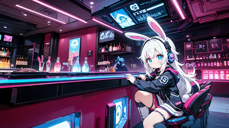 Bar in a cave,Anime white hair girl with headphones, wearing rabbit ears,Cyberpunk clothing,Vibrant juice,Sitting at the counter,Romantic space, Futuristic interior, Cute stuffed rabbit, Cute art style, Anime Style 4k,Vivid Color