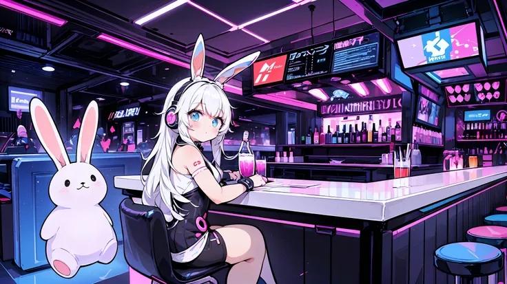 Bar in a cave,Anime white hair girl with headphones, wearing rabbit ears,Cyberpunk clothing,Vibrant juice,Sitting at the counter,Romantic space, Futuristic interior, Cute stuffed rabbit, Cute art style, Anime Style 4k,Vivid Color