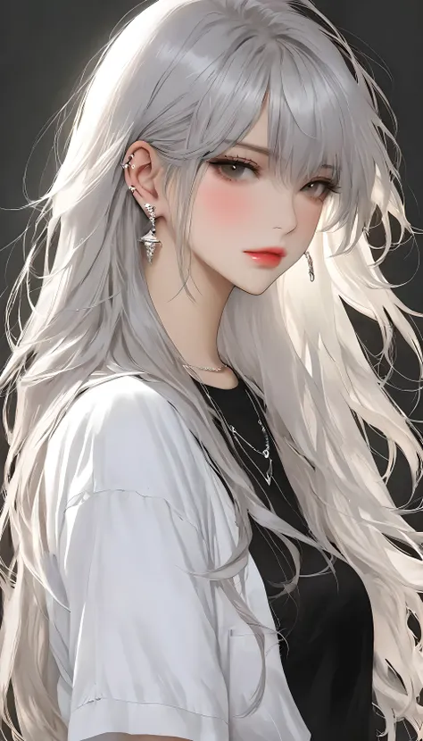 1 Girl, Solitary, Long hair, shirt, white shirt, Bangs, Upper Body, earrings, jewelry, white hair, Shut up