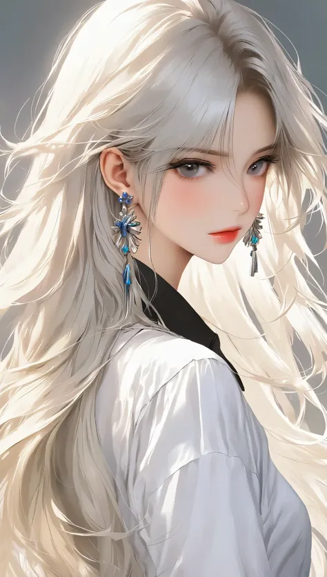 1 girl, solitary, long hair, shirt, white shirt, bangs, upper body, earrings,  jewelry, white hair, shut up、look ahead