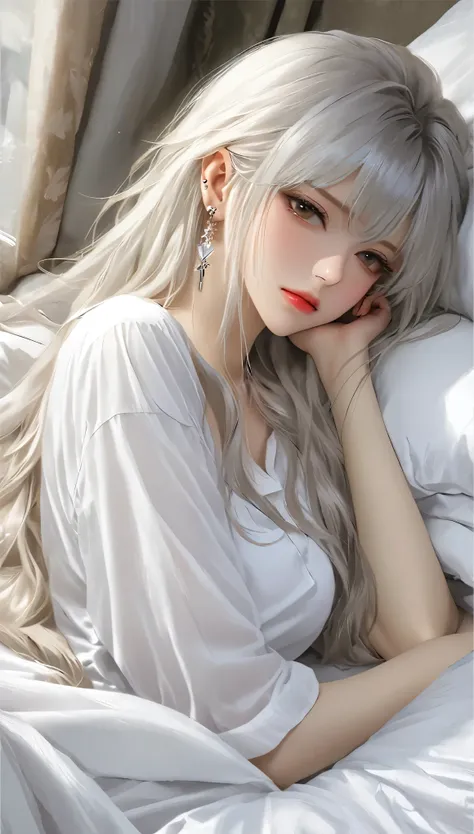 1 girl, solitary, long hair, shirt, white shirt, bangs, upper body, earrings,  jewelry, white hair, shut up、lying in bed