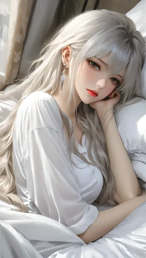 1 Girl, Solitary, Long hair, shirt, white shirt, Bangs, Upper Body, earrings, jewelry, white hair, Shut up、Lying in bed