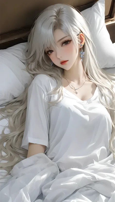 1 Girl, Solitary, Long hair, shirt, white shirt, Bangs, Upper Body, earrings, jewelry, white hair, Shut up、Lying in bed